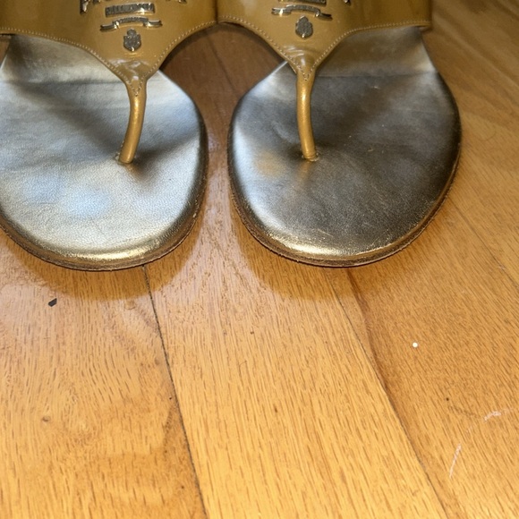 Prada gold w/silver hardware slides/sandals w/ kitten heel. - Picture 2 of 9